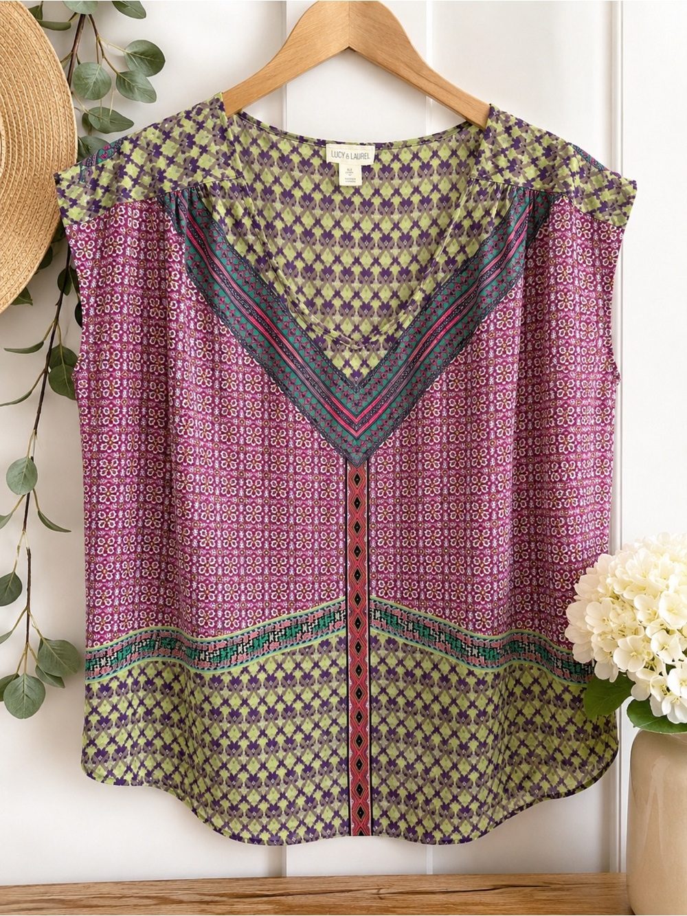 Lucy & Laurel Geometric Print Sleeveless Blouse | Women’s Small | Boho Top